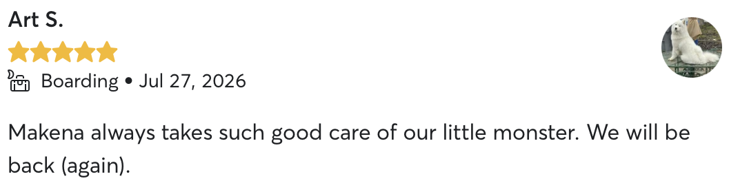 Verified 5-star Rover review from Art S. about boarding