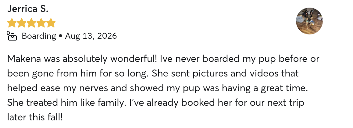 Verified 5-star Rover review from Jerrica S. about boarding