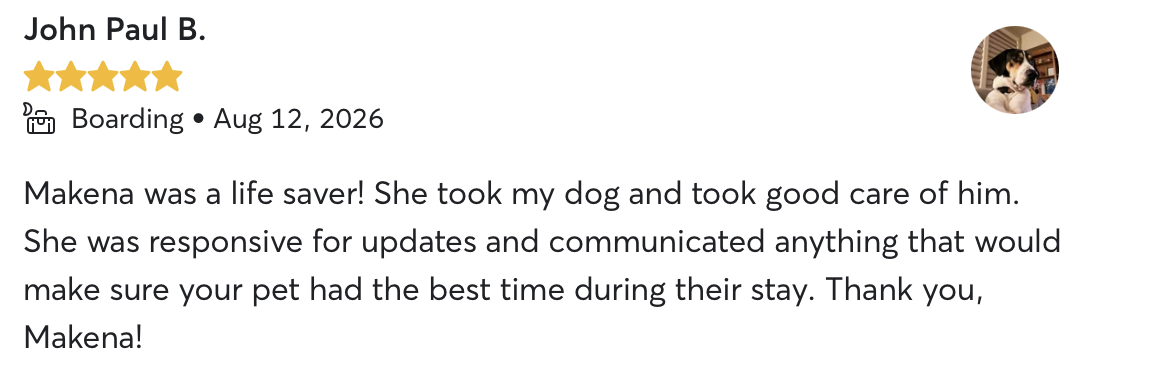 Verified 5-star Rover review from John Paul B. about boarding